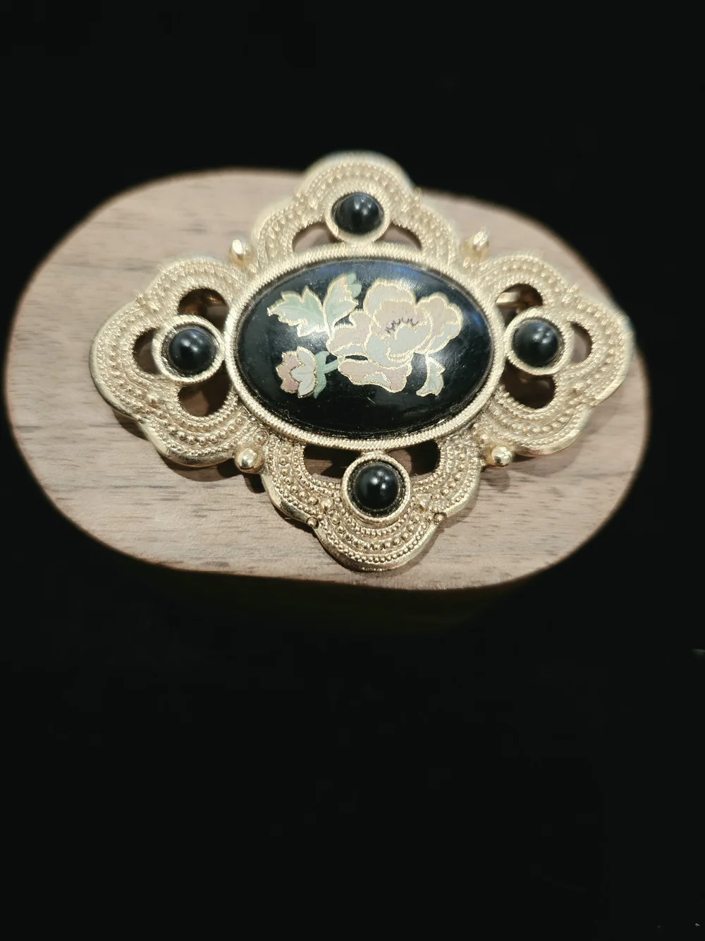 Vintage 1928 Gold-Tone Black Floral Enamel Brooch - Elegant Women’s Jewelry